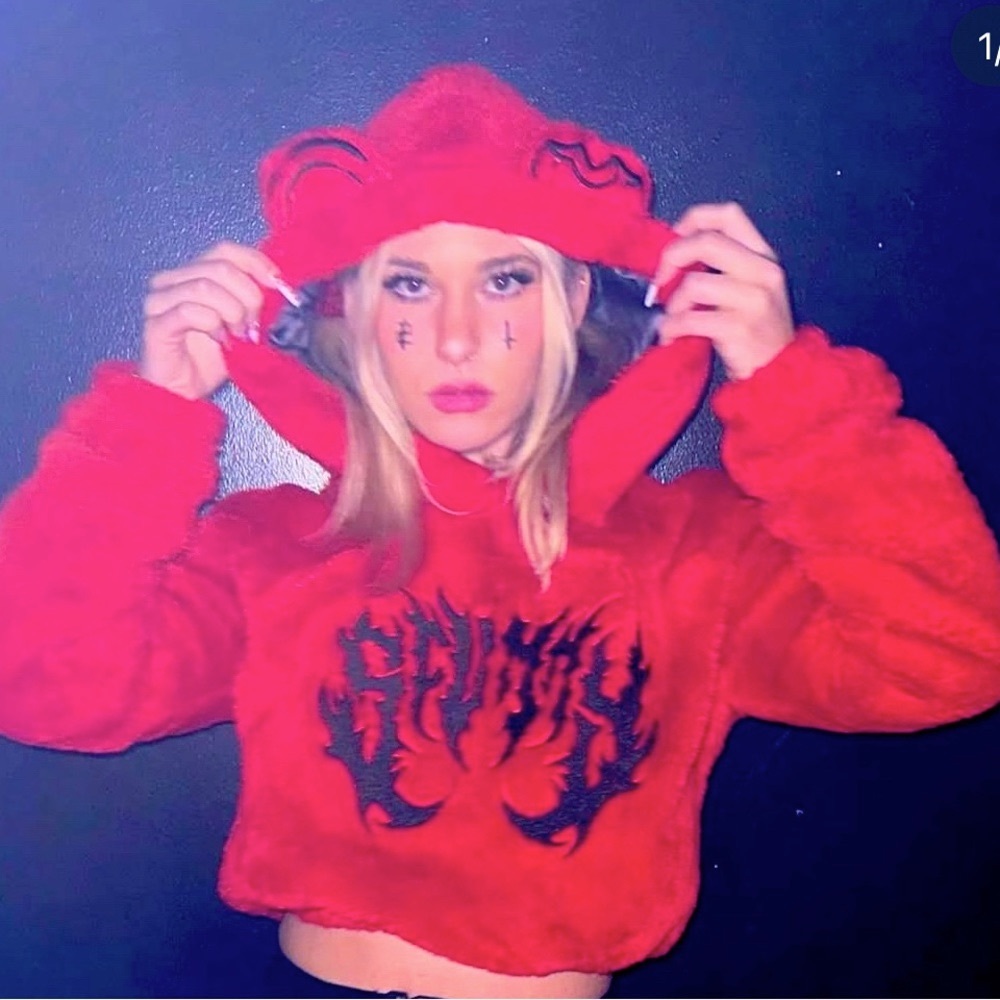 Scummy bears red fuzzy cropped hoodie